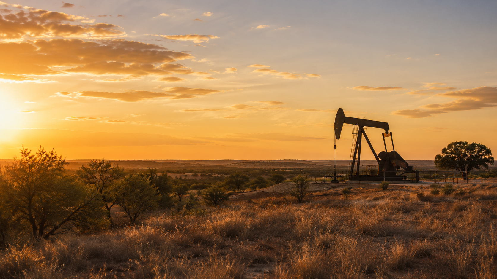 Pumpjack operating across a West Texas landscape at sunset