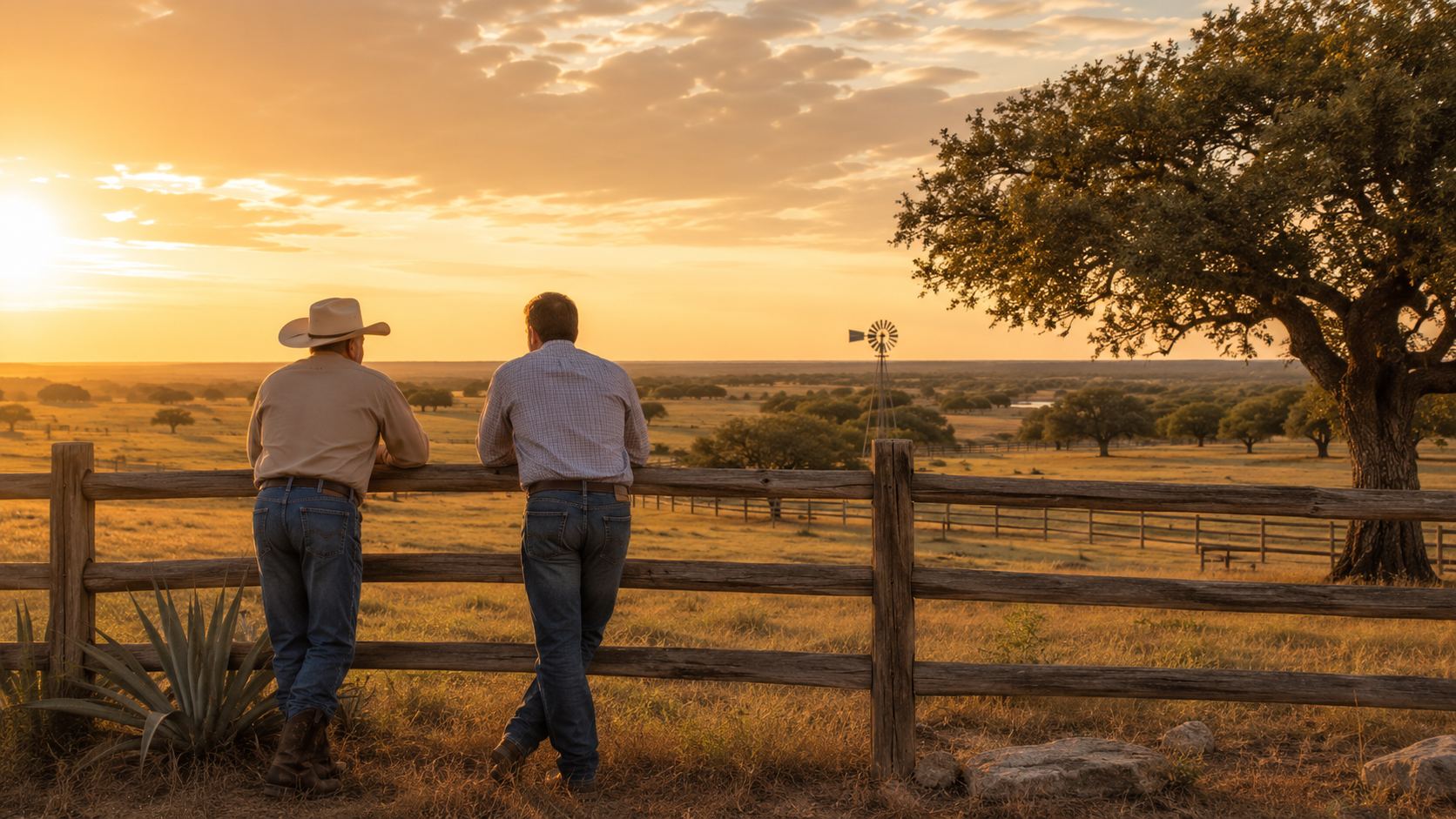 A landowner and advisor overlooking a ranch at sunset